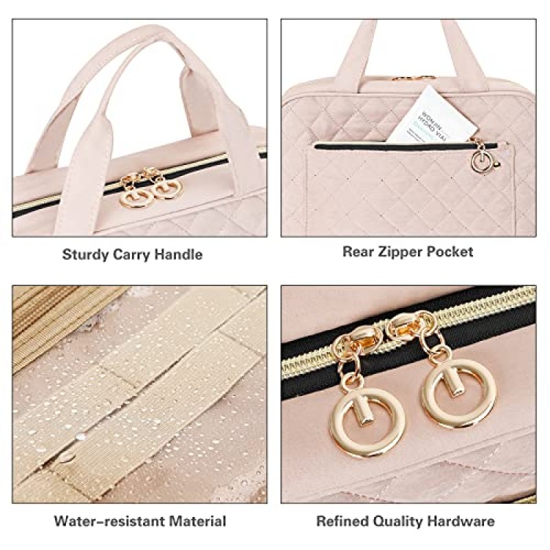 BELLSPIN 세면용품 가방 여성용 투명 여행용 메이크업 가방(걸이용 후크 포함), 여행용 메이크업 정리함 여행용 세면용품 및 샤워 액세서리용 화장품 가방(쉘 핑크)