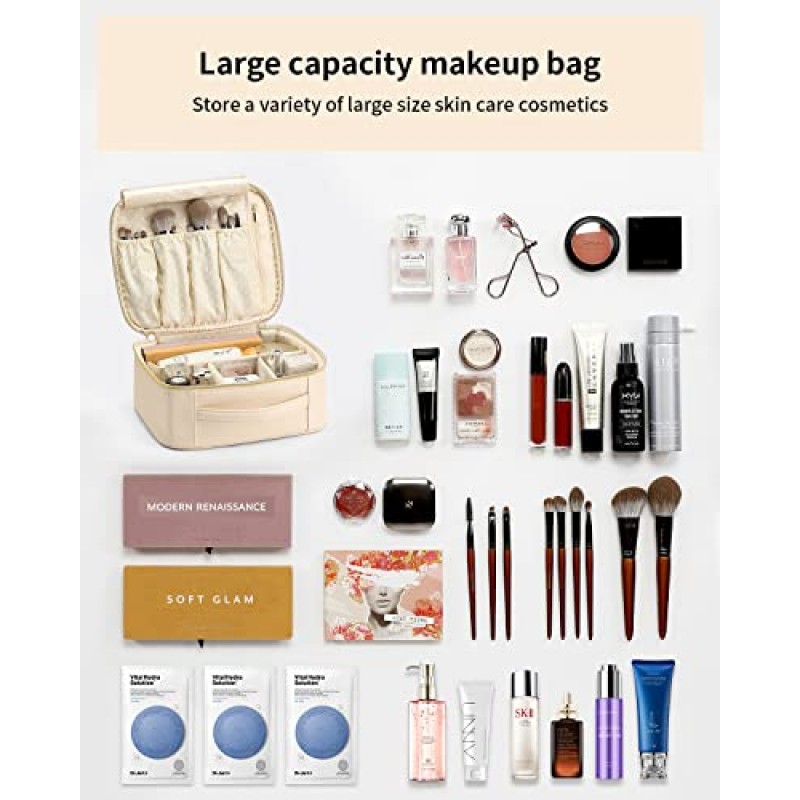Vlando 여행 메이크업 화장품 가방 화장품 메이크업 브러쉬, 소녀, 여성, 친구 베이지를 위한 조절 가능한 분배기가 있는 가죽 휴대용 메이크업 주최자