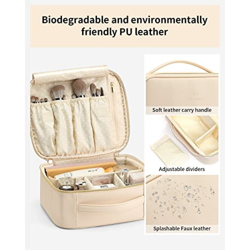 Vlando 여행 메이크업 화장품 가방 화장품 메이크업 브러쉬, 소녀, 여성, 친구 베이지를 위한 조절 가능한 분배기가 있는 가죽 휴대용 메이크업 주최자