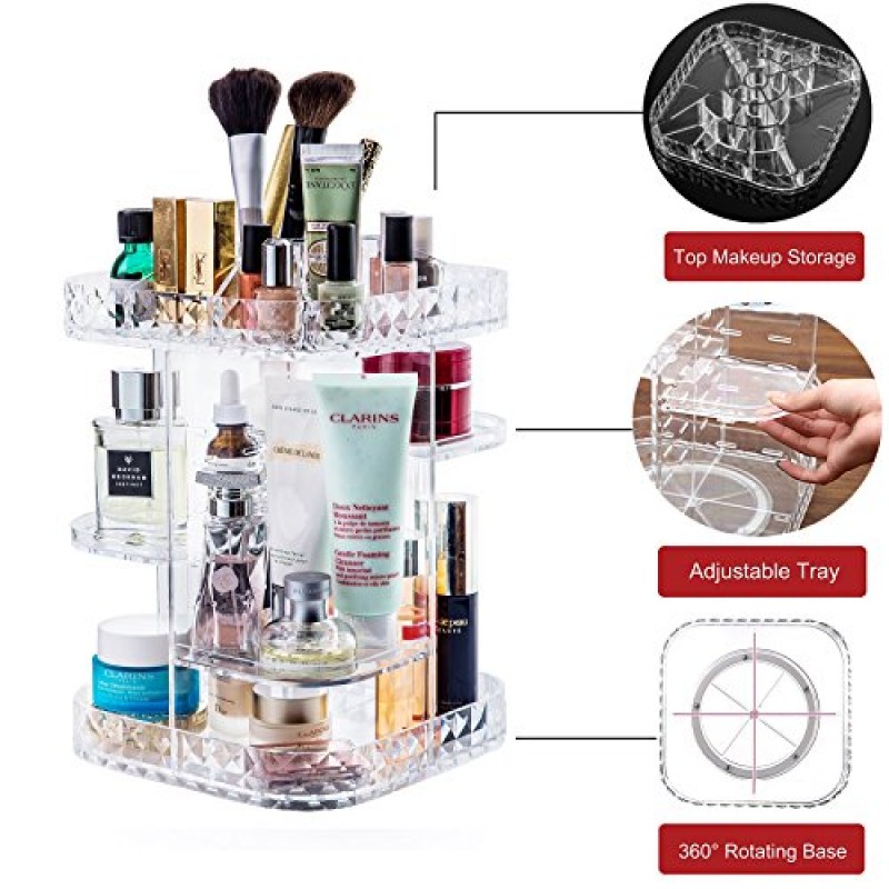 메이크업 주최자 360도 회전 화장품 보관 상자, DIY 조정 가능한 대용량 화장품 디스플레이 케이스 다이아몬드 패턴이있는 정사각형 메이크업 선반