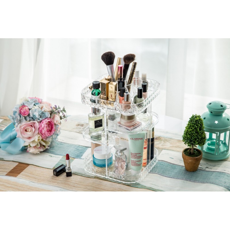 메이크업 주최자 360도 회전 화장품 보관 상자, DIY 조정 가능한 대용량 화장품 디스플레이 케이스 다이아몬드 패턴이있는 정사각형 메이크업 선반