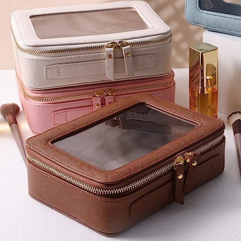 SANHECUN 세면도구 가방 여행용 손잡이가 큰 방수 화장품 정리함(브라운)