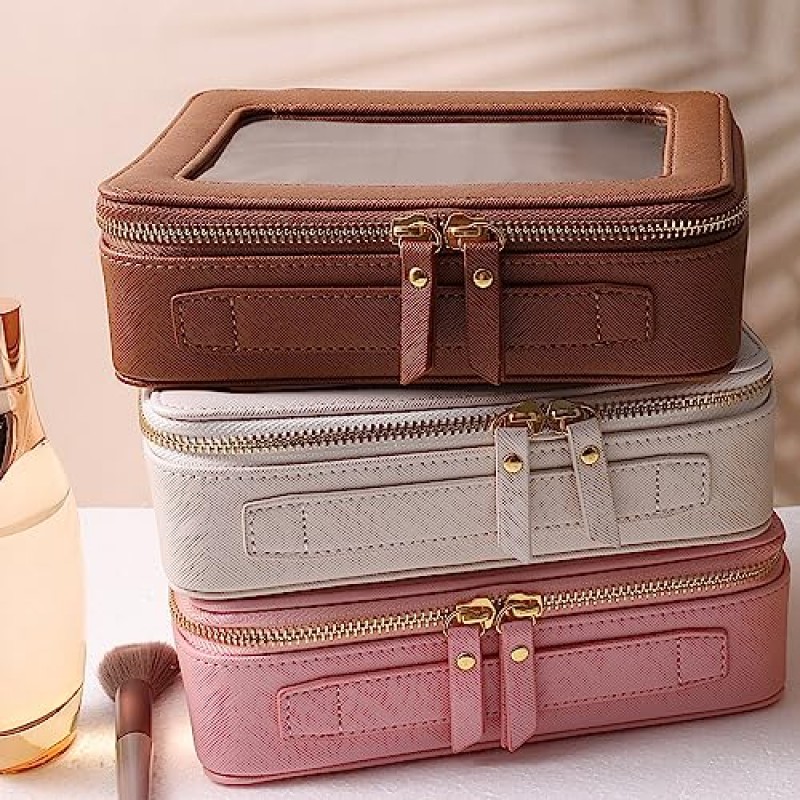 SANHECUN 세면도구 가방 여행용 손잡이가 큰 방수 화장품 정리함(브라운)