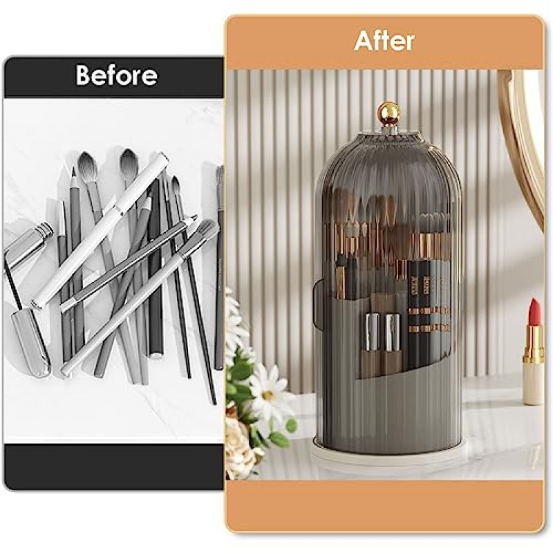 YOOLENS 메이크업 브러쉬 홀더 주최자 뚜껑, 360 회전 투명 방진 메이크업 브러쉬 주최자 세면대 데스크탑 욕실 수조 (회색)