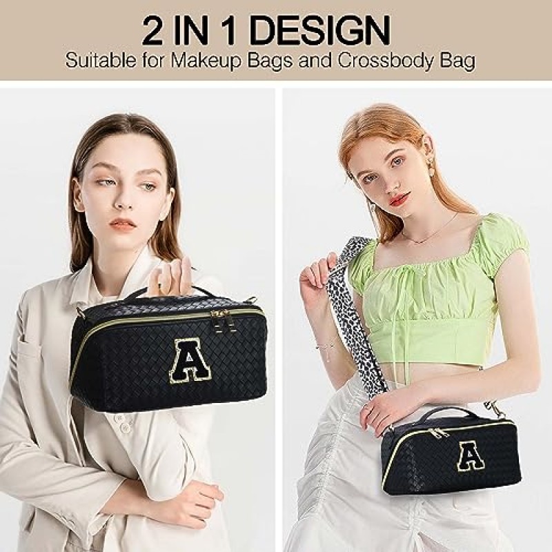 YOOLIFE 이니셜 화장품 가방 메이크업 가방 - 여행용 메이크업 가방 여성용 여행 세면용품 가방 메이크업 가방 귀여운 메이크업 가방 여행 필수품 여성용 가죽 크로스바디 백 크리스마스 선물 블랙 L