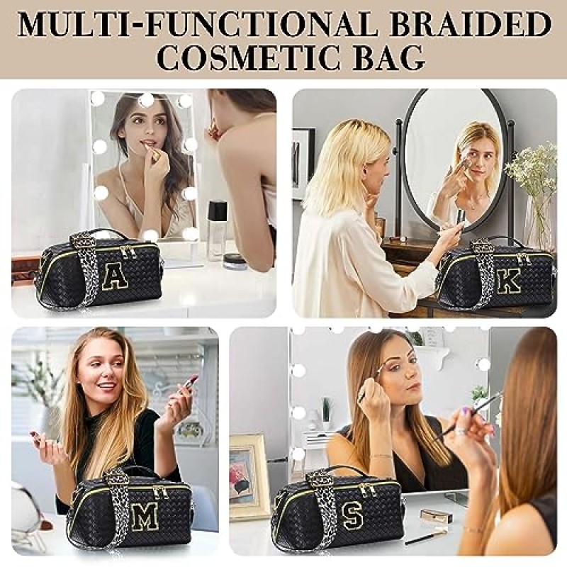 YOOLIFE 이니셜 화장품 가방 메이크업 가방 - 여행용 메이크업 가방 여성용 여행 세면용품 가방 메이크업 가방 귀여운 메이크업 가방 여행 필수품 여성용 가죽 크로스바디 백 크리스마스 선물 블랙 L