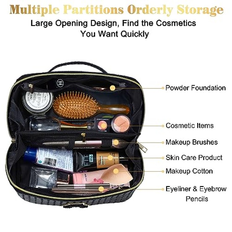 YOOLIFE 이니셜 화장품 가방 메이크업 가방 - 여행용 메이크업 가방 여성용 여행 세면용품 가방 메이크업 가방 귀여운 메이크업 가방 여행 필수품 여성용 가죽 크로스바디 백 크리스마스 선물 블랙 L