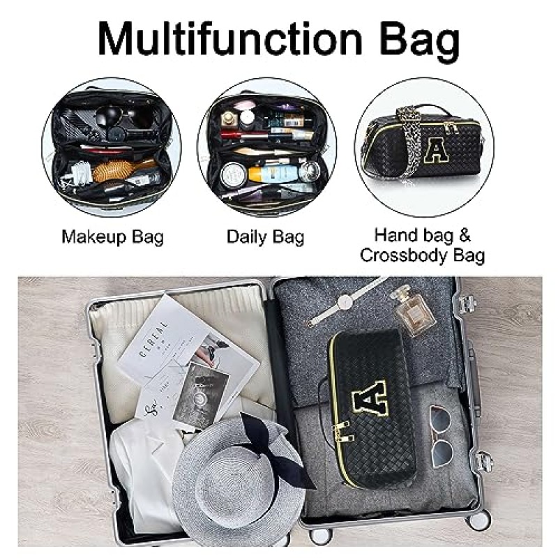 YOOLIFE 이니셜 화장품 가방 메이크업 가방 - 여행용 메이크업 가방 여성용 여행 세면용품 가방 메이크업 가방 귀여운 메이크업 가방 여행 필수품 여성용 가죽 크로스바디 백 크리스마스 선물 블랙 L