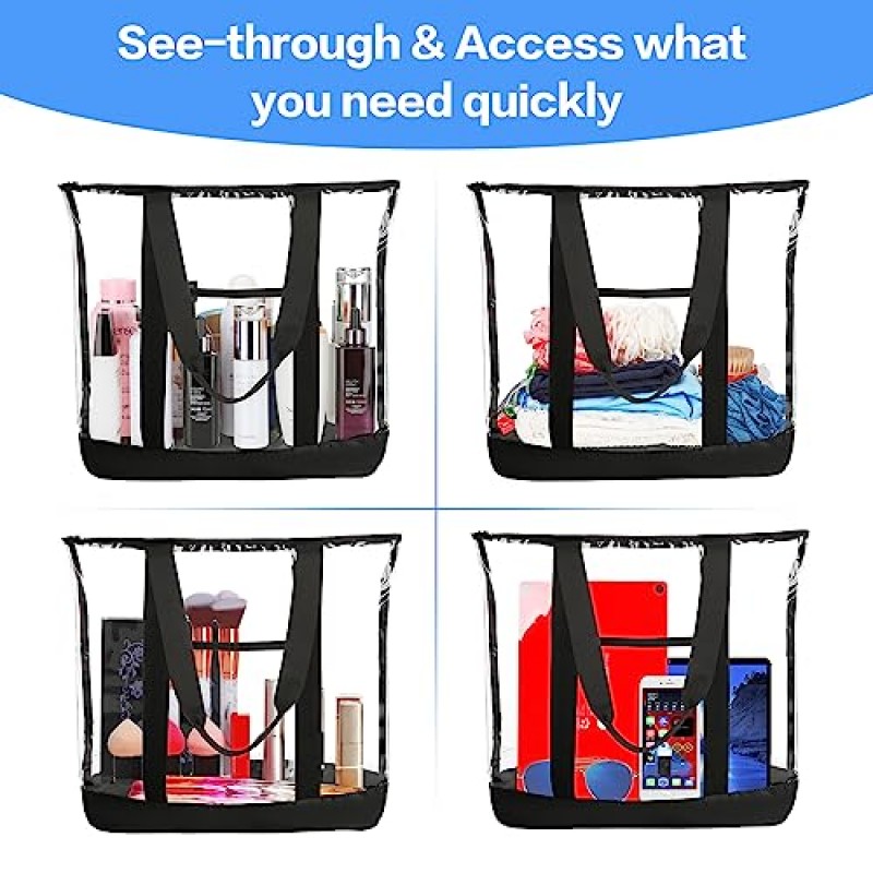 HAOGUAGUA 초대형 투명 화장품 세면용품 가방, 대형 투명 메이크업 가방, 핸들이 있는 방수 투명 플라스틱 PVC 토트 숄더백(블랙)