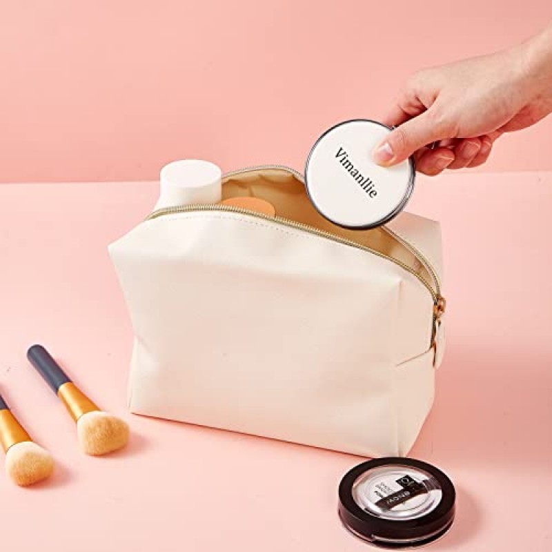 Vimanllie 대형 메이크업 가방 지퍼 파우치 가죽 메이크업 가방 지갑 여행용 화장품 주최자(베이지색 3PCS)
