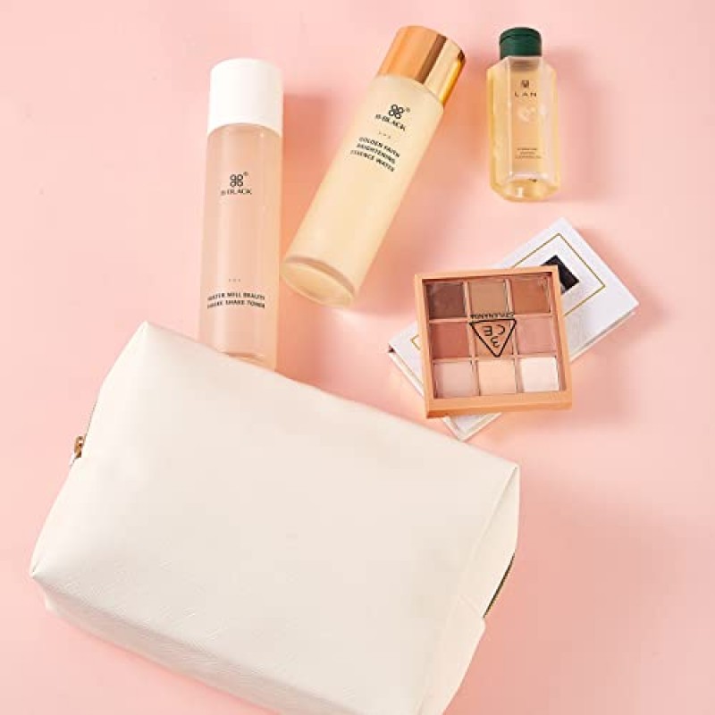 Vimanllie 대형 메이크업 가방 지퍼 파우치 가죽 메이크업 가방 지갑 여행용 화장품 주최자(베이지색 3PCS)