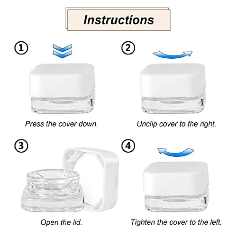 100개 7g/7ml 뚜껑이 있는 미니 정사각형 투명 농축 용기, 2023 BPA 프리, 작고 두꺼운 바닥 화장품 샘플 유리 빈 용기, 메이크업, 페인트, 립밤, 크림, 화장품, 연고용(1-흰색)