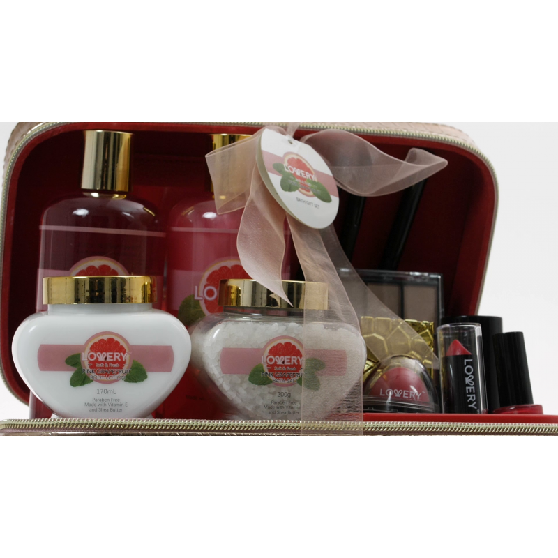 그녀를 위한 생일 선물, 럭셔리 목욕 및 바디 선물 바구니 - 30개 세트, 핑크 자몽 홈 스파 & 메이크업 세트 - 화장품 연필, 립밤, 로션, 향수, 로즈 골드 가죽 화장품 가방 등