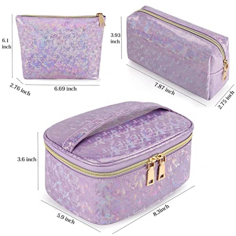 Lubardy 메이크업 가방 가죽 화장품 가방 방수 메이크업 파우치 휴대용 메이크업 여행 가방 여성을위한 다기능 화장품 주최자 가방, 3 팩, 보라색