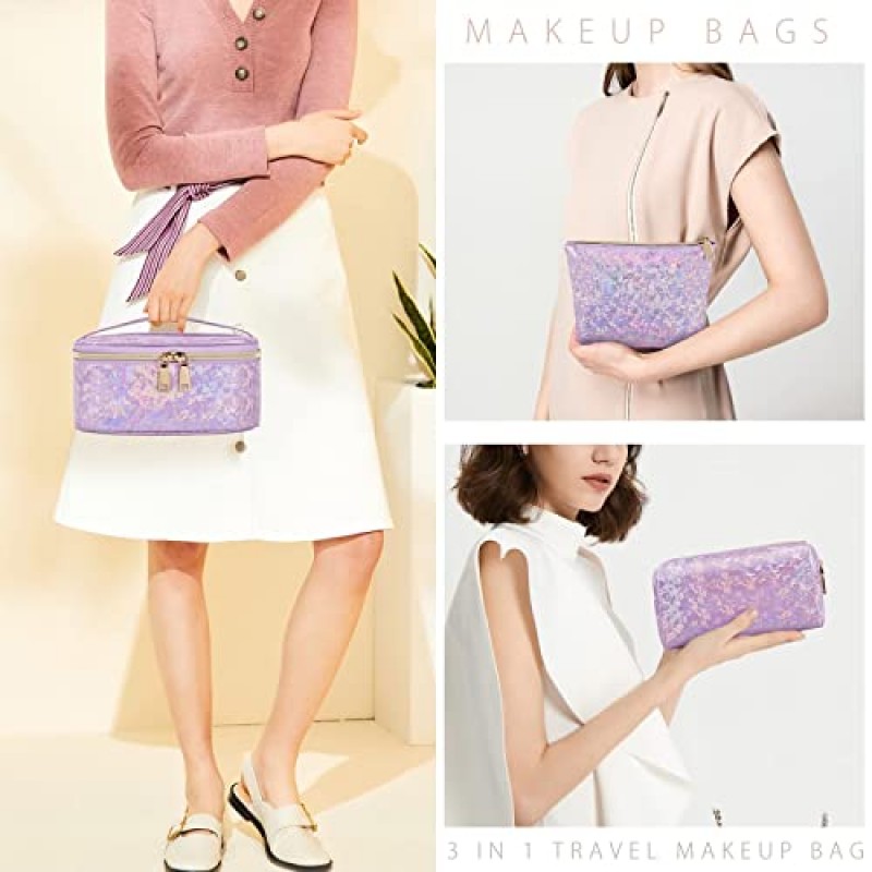 Lubardy 메이크업 가방 가죽 화장품 가방 방수 메이크업 파우치 휴대용 메이크업 여행 가방 여성을위한 다기능 화장품 주최자 가방, 3 팩, 보라색