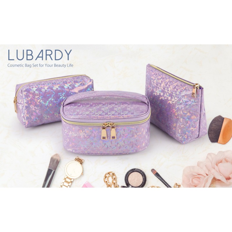 Lubardy 메이크업 가방 가죽 화장품 가방 방수 메이크업 파우치 휴대용 메이크업 여행 가방 여성을위한 다기능 화장품 주최자 가방, 3 팩, 보라색