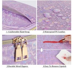 Lubardy 메이크업 가방 가죽 화장품 가방 방수 메이크업 파우치 휴대용 메이크업 여행 가방 여성을위한 다기능 화장품 주최자 가방, 3 팩, 보라색
