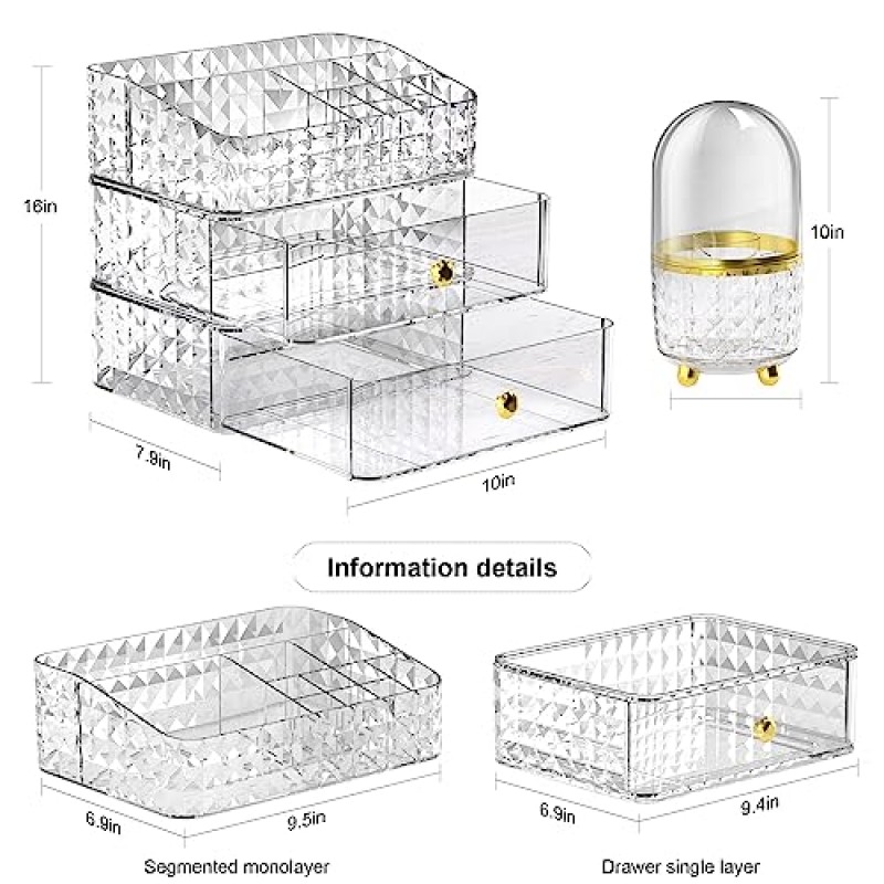 브러시 홀더가 있는 메이크업 정리함, 서랍이 있는 화장품 진열 케이스, 화장품 정리함 보관함(흰색)