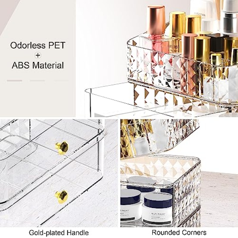 브러시 홀더가 있는 메이크업 정리함, 서랍이 있는 화장품 진열 케이스, 화장품 정리함 보관함(흰색)