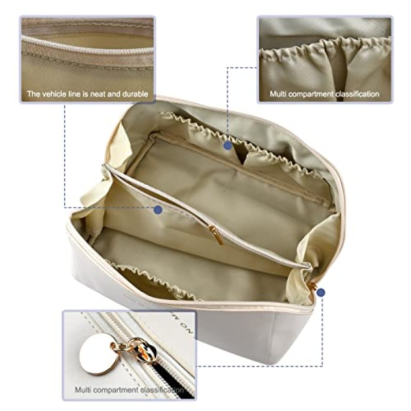 대용량 메이크업 가방, 대용량 메이크업 가방 여성용 여행용 화장품 가방, 손잡이와 칸막이가 있는 이중 레이어 화장품 가방, 방수 휴대용 가죽 메이크업 가방(황색)