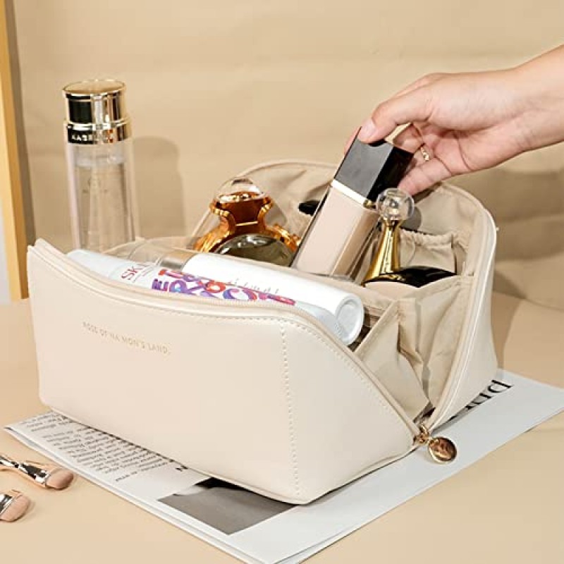 대용량 메이크업 가방, 대용량 메이크업 가방 여성용 여행용 화장품 가방, 손잡이와 칸막이가 있는 이중 레이어 화장품 가방, 방수 휴대용 가죽 메이크업 가방(황색)