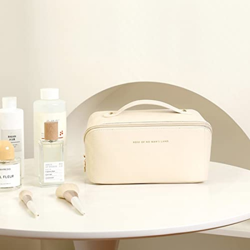 대용량 메이크업 가방, 대용량 메이크업 가방 여성용 여행용 화장품 가방, 손잡이와 칸막이가 있는 이중 레이어 화장품 가방, 방수 휴대용 가죽 메이크업 가방(황색)