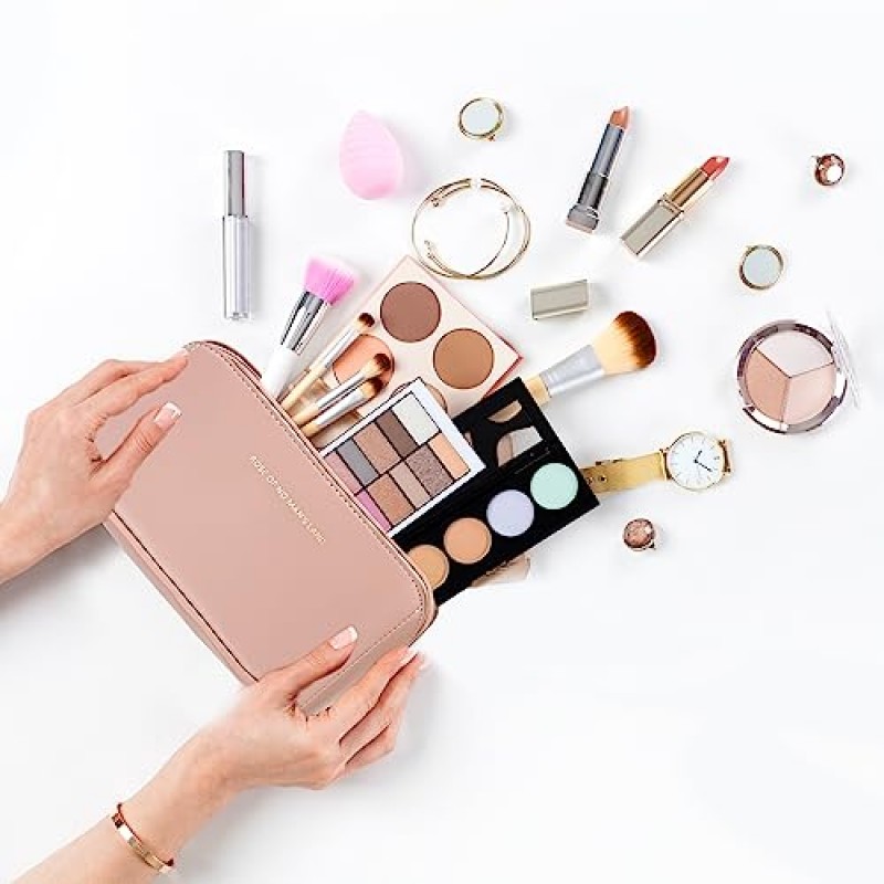 SLIFOUE 대용량 여행용 화장품 가방, 메이크업 가방, 칸막이와 손잡이가 있는 방수 휴대용 PU 가죽 메이크업 정리 가방(핑크색)