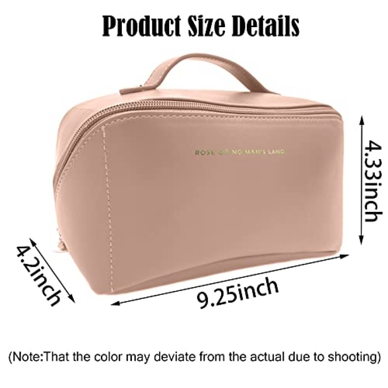 SLIFOUE 대용량 여행용 화장품 가방, 메이크업 가방, 칸막이와 손잡이가 있는 방수 휴대용 PU 가죽 메이크업 정리 가방(핑크색)