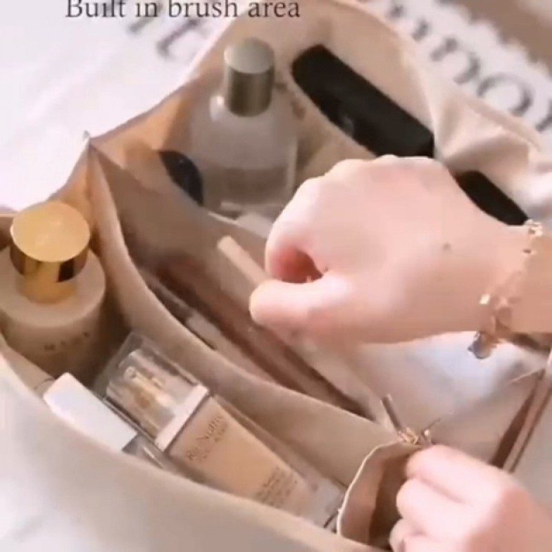 SLIFOUE 대용량 여행용 화장품 가방, 메이크업 가방, 칸막이와 손잡이가 있는 방수 휴대용 PU 가죽 메이크업 정리 가방(핑크색)