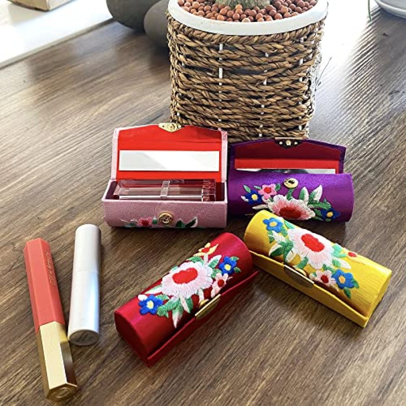 MIAO JIN 12PCS 거울이 달린 립스틱 케이스 립스틱 케이스 보관 케이스 미니 휴대용 자수 쥬얼리 케이스 화장품 케이스 (임의의 색상)