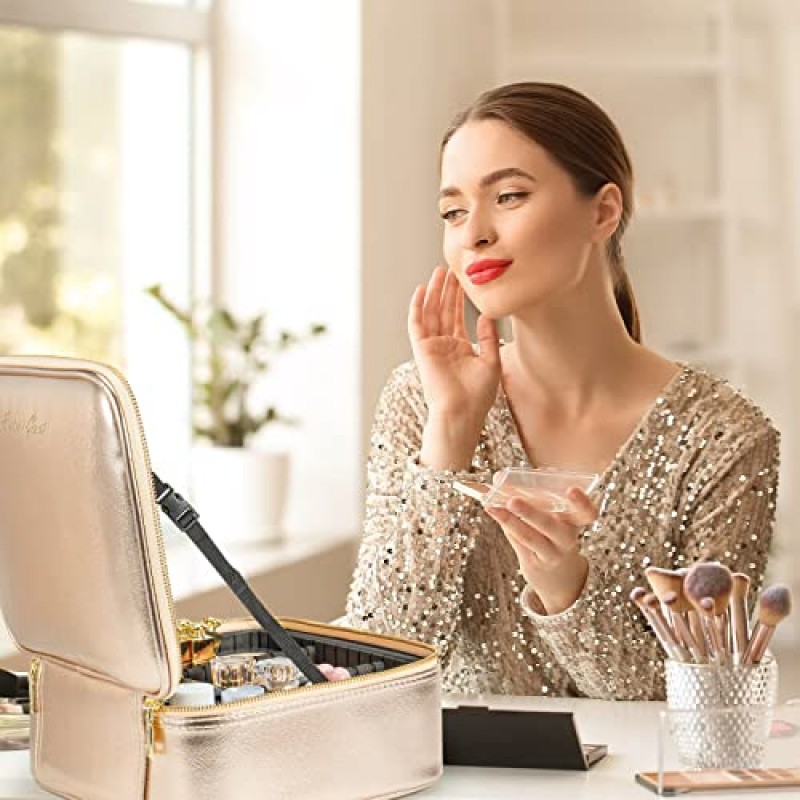 Extrei Gent 메이크업 여행 기차 케이스 거울 LED 조명 3 조정 가능한 밝기 화장품 가방 휴대용 스토리지 조정 가능한 파티션 방수 메이크업 브러쉬 여성을위한 메이크업 보석 선물