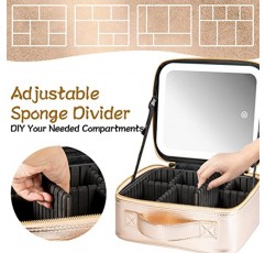 Extrei Gent 메이크업 여행 기차 케이스 거울 LED 조명 3 조정 가능한 밝기 화장품 가방 휴대용 스토리지 조정 가능한 파티션 방수 메이크업 브러쉬 여성을위한 메이크업 보석 선물