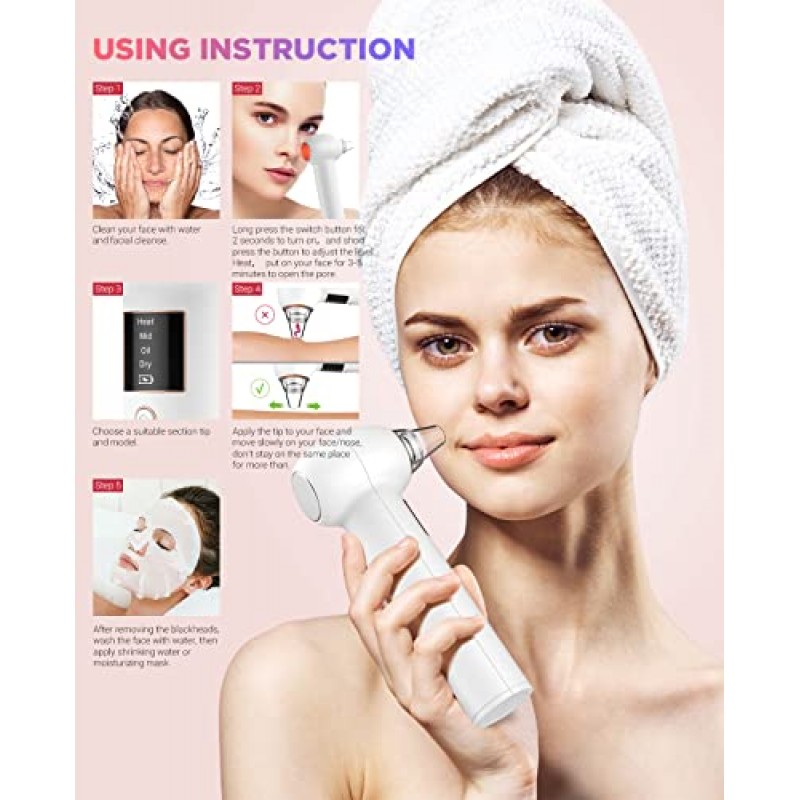 2023 업그레이드된 UJhay 블랙헤드 리무버 모공 진공 - 남성 및 여성용 여드름 추출기 도구 - 3개의 흡입력, 5개의 프로브 및 핫 압축 기능을 갖춘 USB 충전식 얼굴 모공 클리너