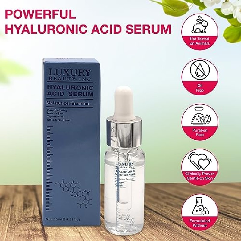 Luxury Beauty Inc 4D 히알루론산 페이셜 세럼 15ml: 노화 방지 모이스처라이저 및 스킨 케어 솔루션 눈밑 지방, 다크 스팟 및 잔주름을 줄이고 처진 피부 퍼밍 주름을 강화합니다