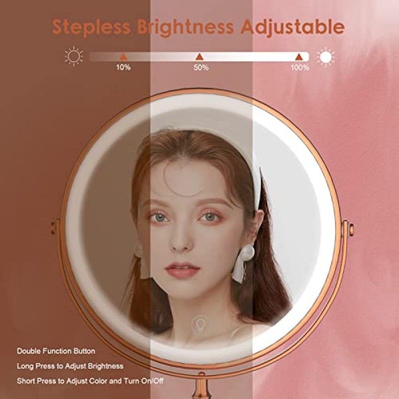 조명 화장 거울, 8인치 충전식 양면 확대 거울, 3가지 색상, 1x/10x 360° 회전 터치 스크린 화장 거울, 밝기 조절 가능한 배율 화장품 조명 거울