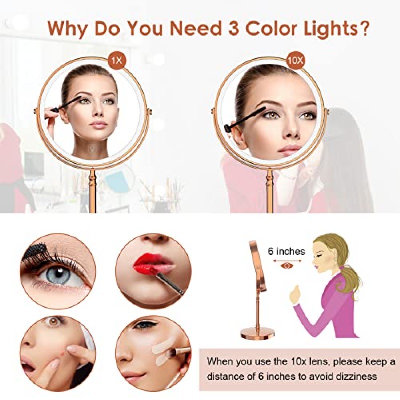 조명 화장 거울, 8인치 충전식 양면 확대 거울, 3가지 색상, 1x/10x 360° 회전 터치 스크린 화장 거울, 밝기 조절 가능한 배율 화장품 조명 거울