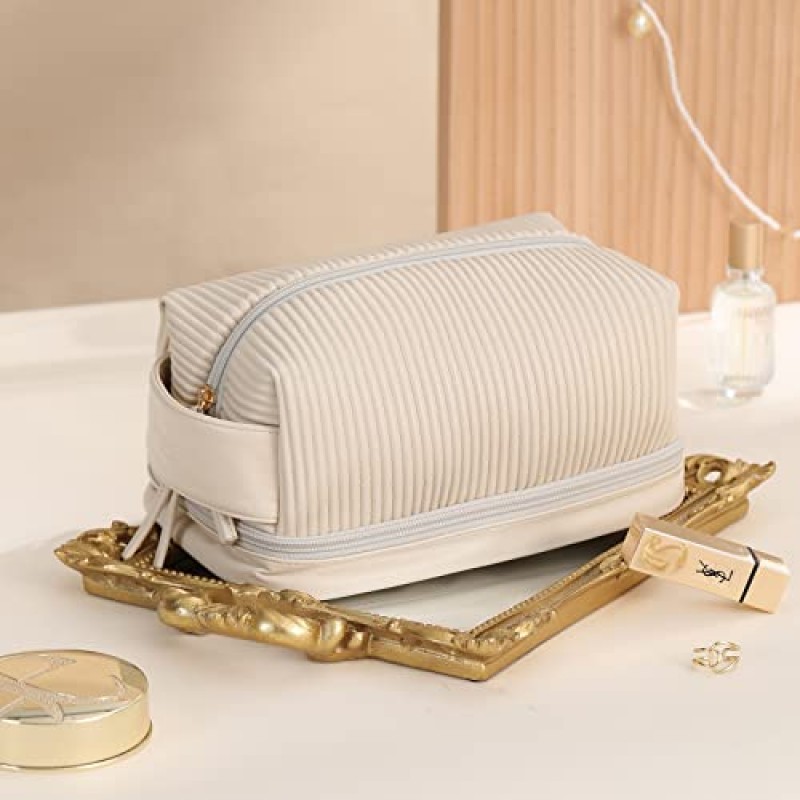 bagINBAG QIANPA 핸들이있는 더블 레이어 여행용 메이크업 가방, woemn 용 브러시 구획이있는 화장품 가방, 대형 흰색 메이크업 주최자 가방 방수