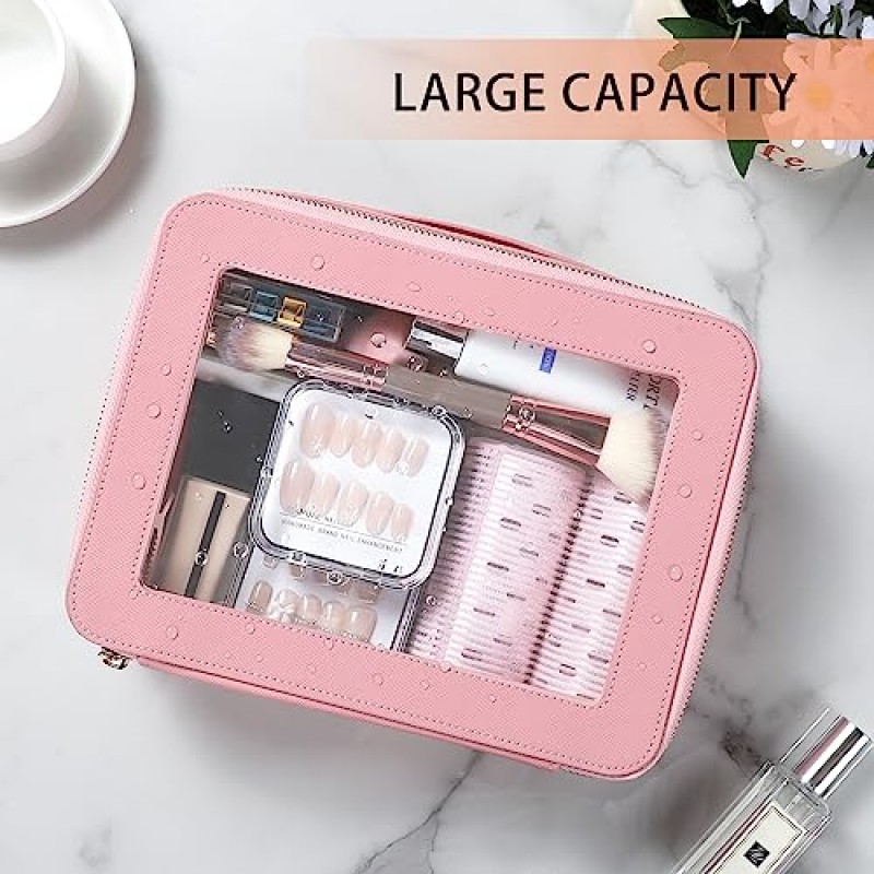 Sightor 투명 메이크업 가방, 여행용 세면도구 가방 손잡이가 있는 대형 화장품 케이스, 메이크업 세면용품 정리함용 투명 창문이 있는 가죽 메이크업 파우치(핑크색)