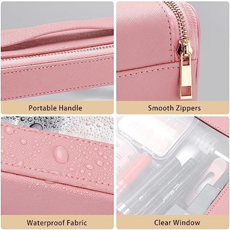 Sightor 투명 메이크업 가방, 여행용 세면도구 가방 손잡이가 있는 대형 화장품 케이스, 메이크업 세면용품 정리함용 투명 창문이 있는 가죽 메이크업 파우치(핑크색)