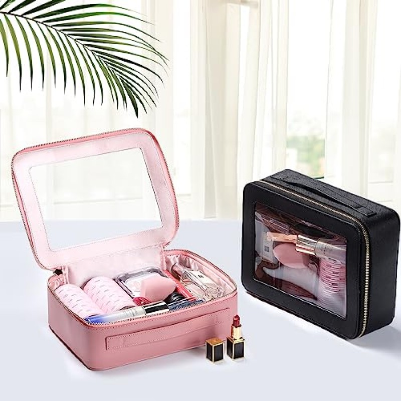 Sightor 투명 메이크업 가방, 여행용 세면도구 가방 손잡이가 있는 대형 화장품 케이스, 메이크업 세면용품 정리함용 투명 창문이 있는 가죽 메이크업 파우치(핑크색)