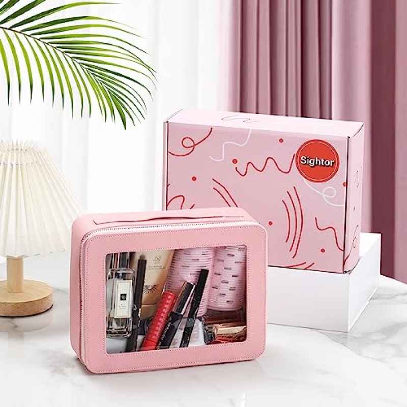 Sightor 투명 메이크업 가방, 여행용 세면도구 가방 손잡이가 있는 대형 화장품 케이스, 메이크업 세면용품 정리함용 투명 창문이 있는 가죽 메이크업 파우치(핑크색)