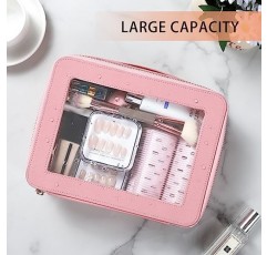Sightor 투명 메이크업 가방, 여행용 세면도구 가방 손잡이가 있는 대형 화장품 케이스, 메이크업 세면용품 정리함용 투명 창문이 있는 가죽 메이크업 파우치(핑크색)