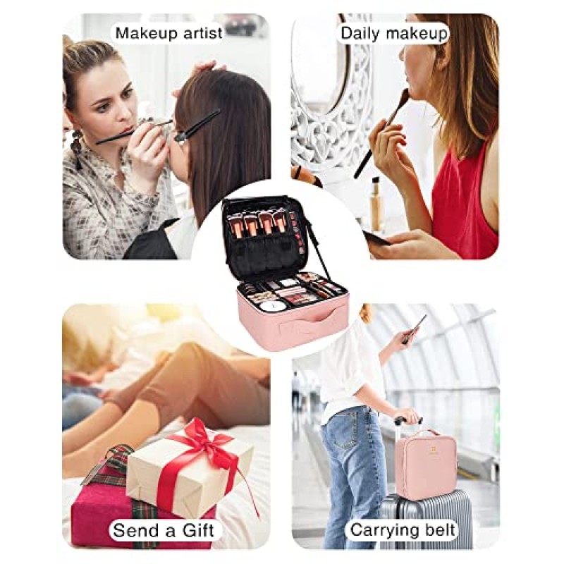 Relavel 메이크업 가방 주최자, 전문 여행 메이크업 상자 조절 가능한 분배기가 있는 휴대용 아티스트 보관함, 여성용 화장품 가방 핑크