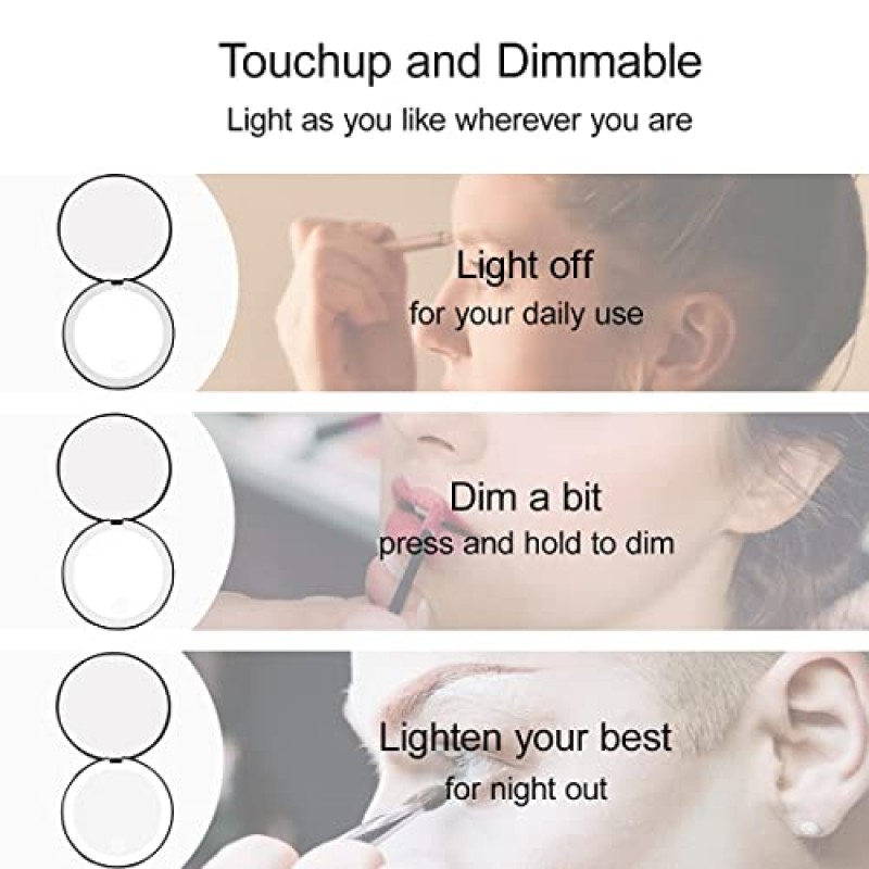 Milishow 소형 거울(LED 조명 포함),1x/10x 충전식 충전식 거울,지갑용 밝기 조절이 가능한 여행용 거울,핸드백,주머니,휴대용 양면 화장 거울… (블랙+핑크 2팩-충전식)