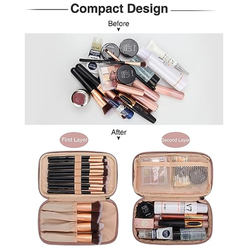 Relavel 소형 메이크업 가방, 여성용 화장품 가방 2 레이어 여행용 메이크업 정리함 블랙 핸드백 지갑 파우치 컴팩트한 용량의 일상 사용, 메이크업 브러쉬 홀더, 방수 나일론(누드 핑크)