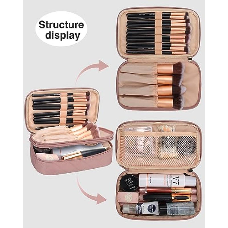 Relavel 소형 메이크업 가방, 여성용 화장품 가방 2 레이어 여행용 메이크업 정리함 블랙 핸드백 지갑 파우치 컴팩트한 용량의 일상 사용, 메이크업 브러쉬 홀더, 방수 나일론(누드 핑크)