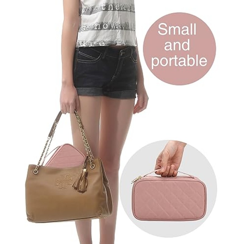 Relavel 소형 메이크업 가방, 여성용 화장품 가방 2 레이어 여행용 메이크업 정리함 블랙 핸드백 지갑 파우치 컴팩트한 용량의 일상 사용, 메이크업 브러쉬 홀더, 방수 나일론(누드 핑크)