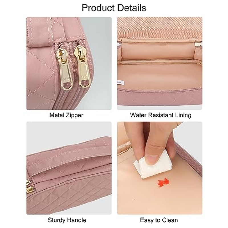 Relavel 소형 메이크업 가방, 여성용 화장품 가방 2 레이어 여행용 메이크업 정리함 블랙 핸드백 지갑 파우치 컴팩트한 용량의 일상 사용, 메이크업 브러쉬 홀더, 방수 나일론(누드 핑크)