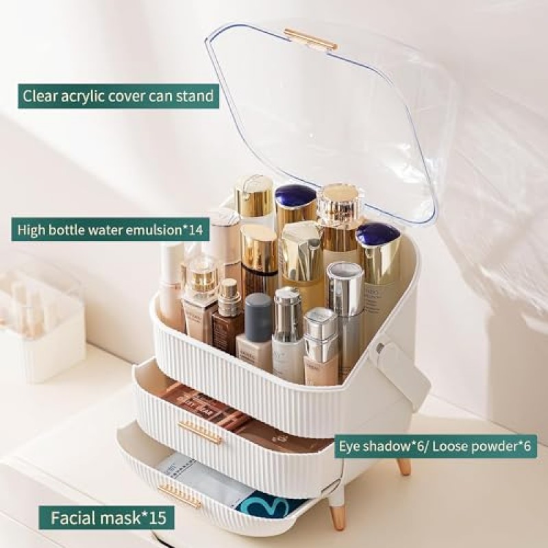메이크업 보관 정리함, 스킨케어 정리함 먼지 방지 커버가 있는 화장품 디스플레이 케이스 휴대용 손잡이, 화장대 수조 욕실 드레서용 방수 메이크업 박스 - 화이트