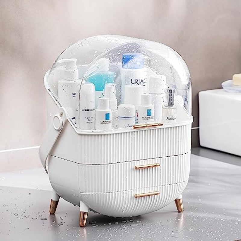 메이크업 보관 정리함, 스킨케어 정리함 먼지 방지 커버가 있는 화장품 디스플레이 케이스 휴대용 손잡이, 화장대 수조 욕실 드레서용 방수 메이크업 박스 - 화이트
